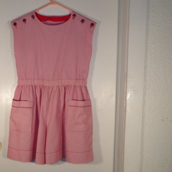 Vintage Hand Made Button Shoulder Pocketed Cotton Romper Sz M /L 8-10 - Picture 1 of 5